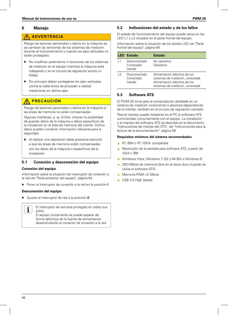 5 manejo, 1 conexión y desconexión del equipo, 2 indicaciones del estado y de los fallos | 3 software ats | HEIDENHAIN PWM 20 User Manual | Page 66 / 180
