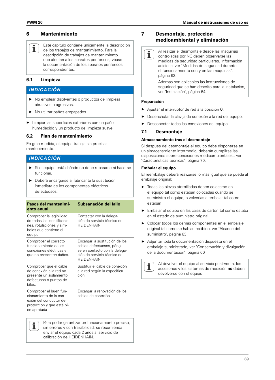 6 mantenimiento, 1 limpieza, 2 plan de mantenimiento | 1 desmontaje | HEIDENHAIN PWM 20 User Manual | Page 67 / 180