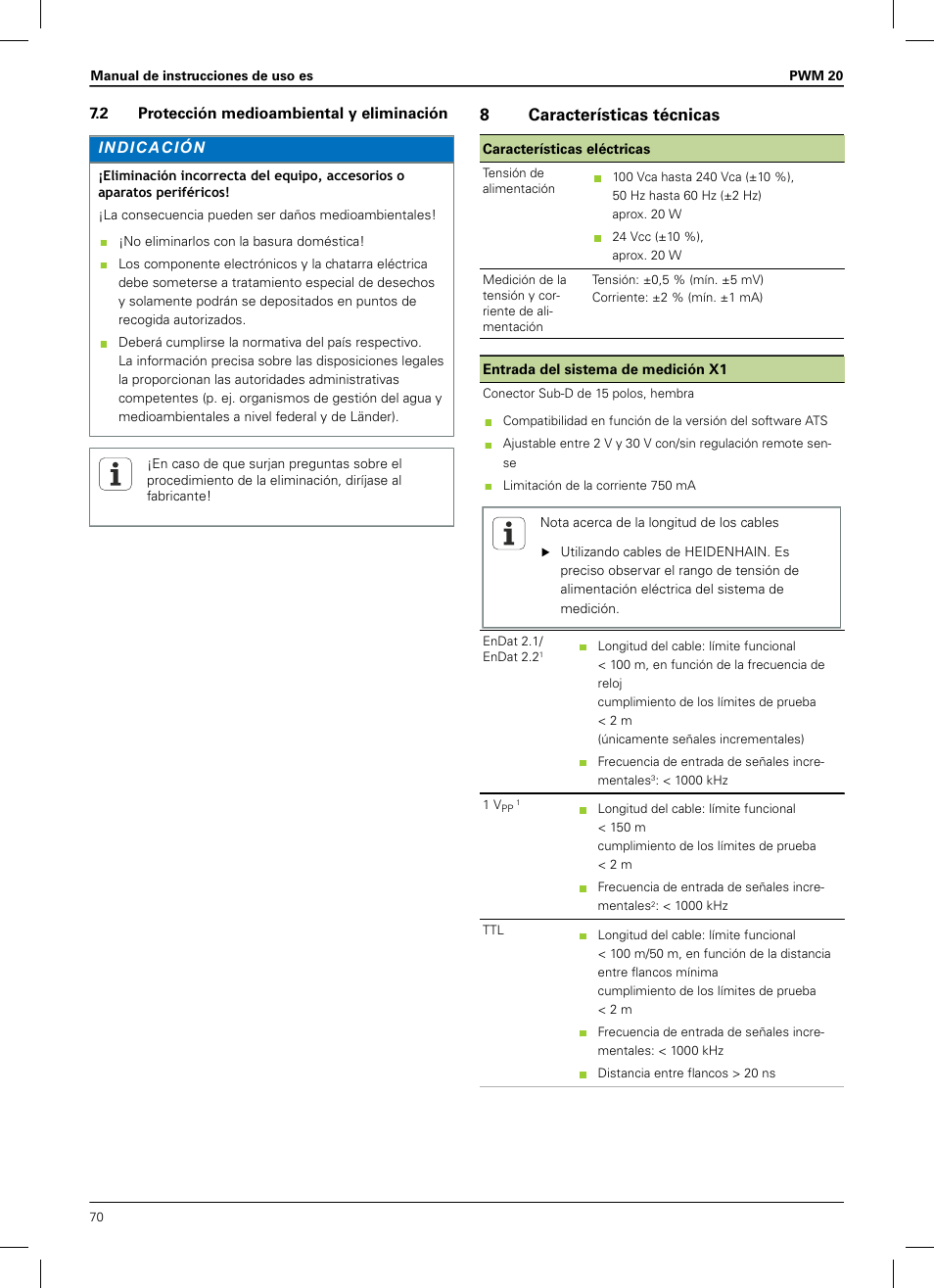 2 protección medioambiental y eliminación, 8 características técnicas, 8características técnicas | HEIDENHAIN PWM 20 User Manual | Page 68 / 180