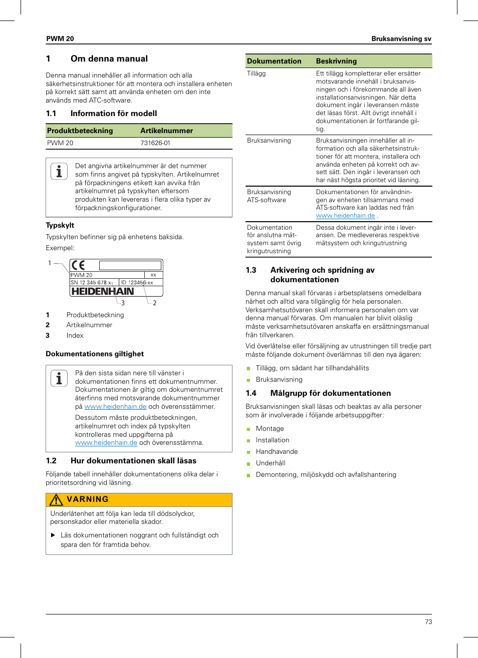 1 om denna manual, 1 information för modell, 2 hur dokumentationen skall läsas | 3 arkivering och spridning av dokumentationen, 4 målgrupp för dokumentationen, Bruksanvisning | HEIDENHAIN PWM 20 User Manual | Page 71 / 180