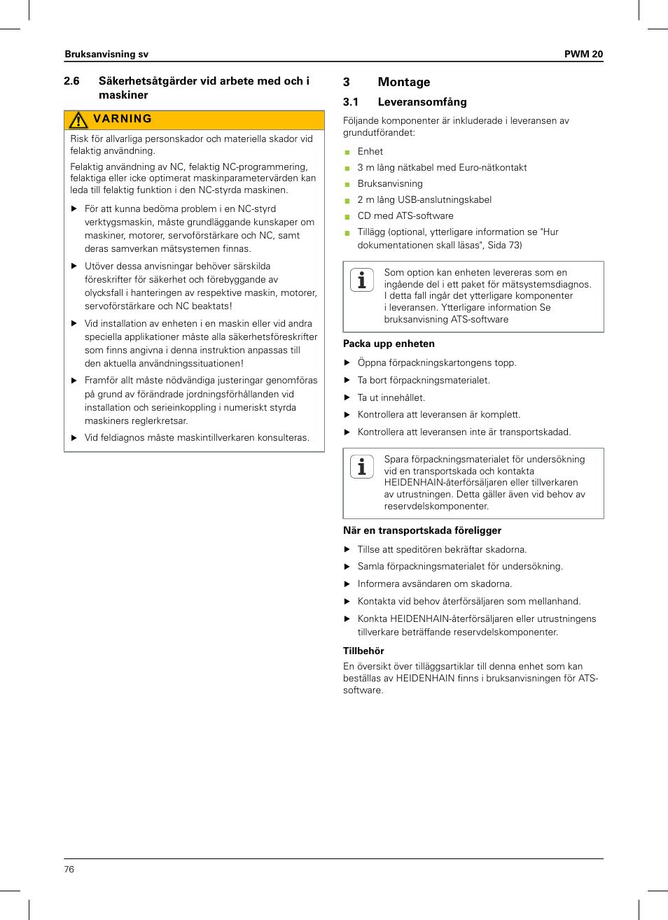 6 säkerhetsåtgärder vid arbete med och i maskiner, 3 montage, 1 leveransomfång | HEIDENHAIN PWM 20 User Manual | Page 74 / 180