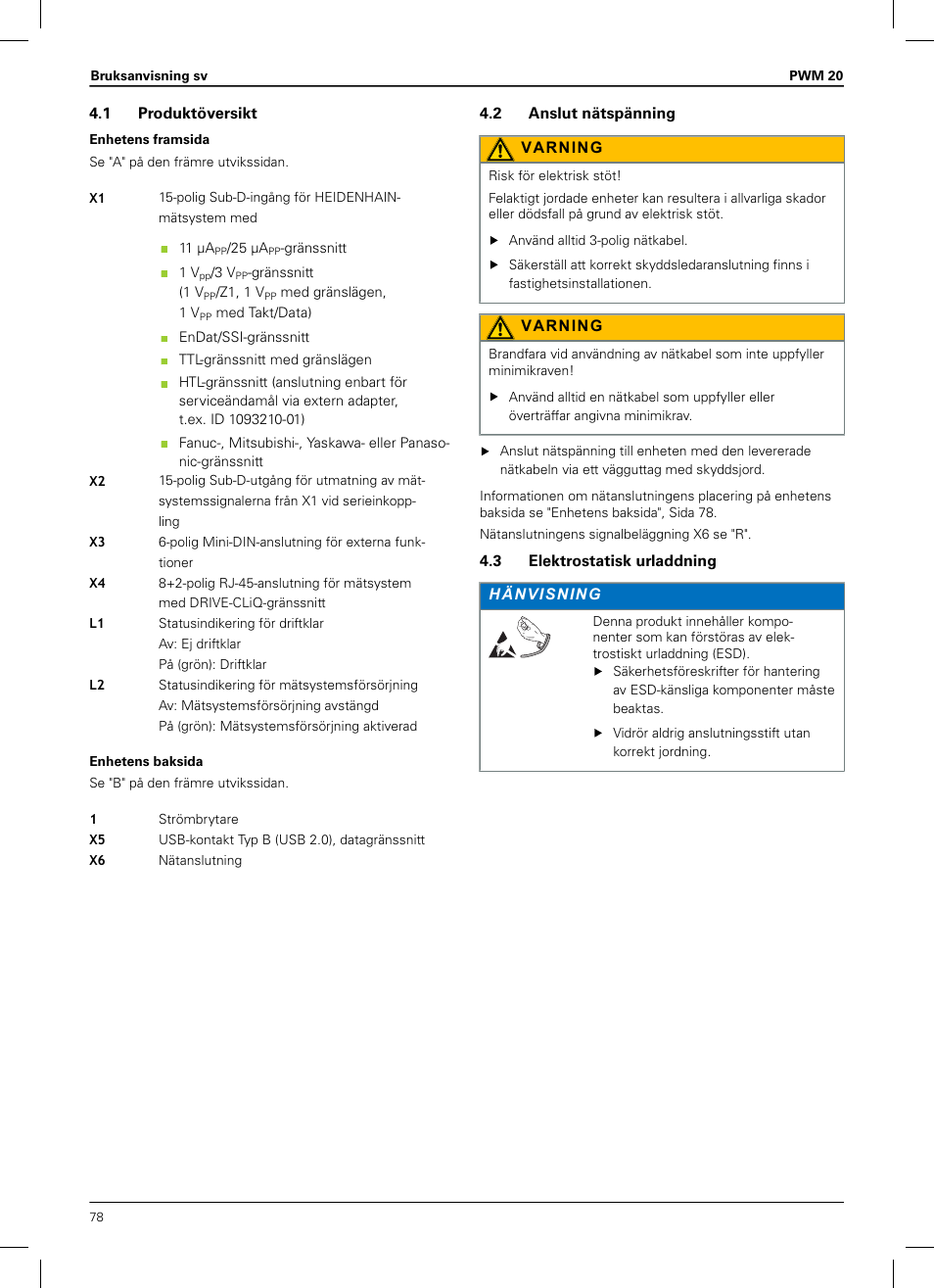 1 produktöversikt, 2 anslut nätspänning, 3 elektrostatisk urladdning | HEIDENHAIN PWM 20 User Manual | Page 76 / 180