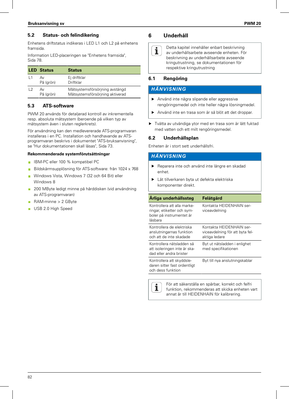 2 status- och felindikering, 3 ats-software, 6 underhåll | 1 rengöring, 2 underhållsplan | HEIDENHAIN PWM 20 User Manual | Page 80 / 180