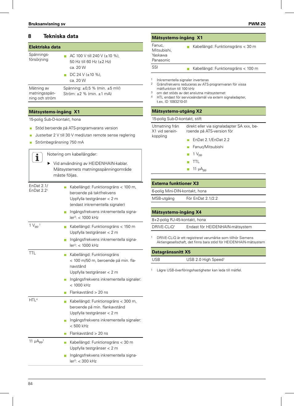 8 tekniska data, Se "tekniska data", sida 84, 8tekniska data | HEIDENHAIN PWM 20 User Manual | Page 82 / 180