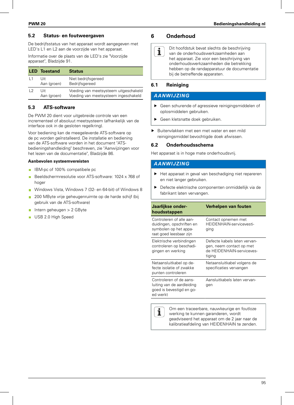 2 status- en foutweergaven, 3 ats-software, 6 onderhoud | 1 reiniging, 2 onderhoudsschema | HEIDENHAIN PWM 20 User Manual | Page 93 / 180