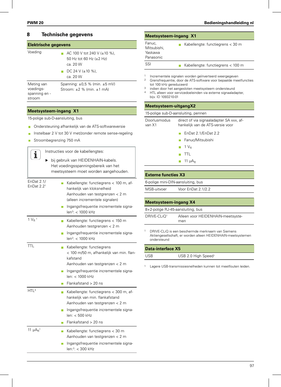 8 technische gegevens, Orden, zie "technische gegevens", bladzijde 97, 8technische gegevens | HEIDENHAIN PWM 20 User Manual | Page 95 / 180