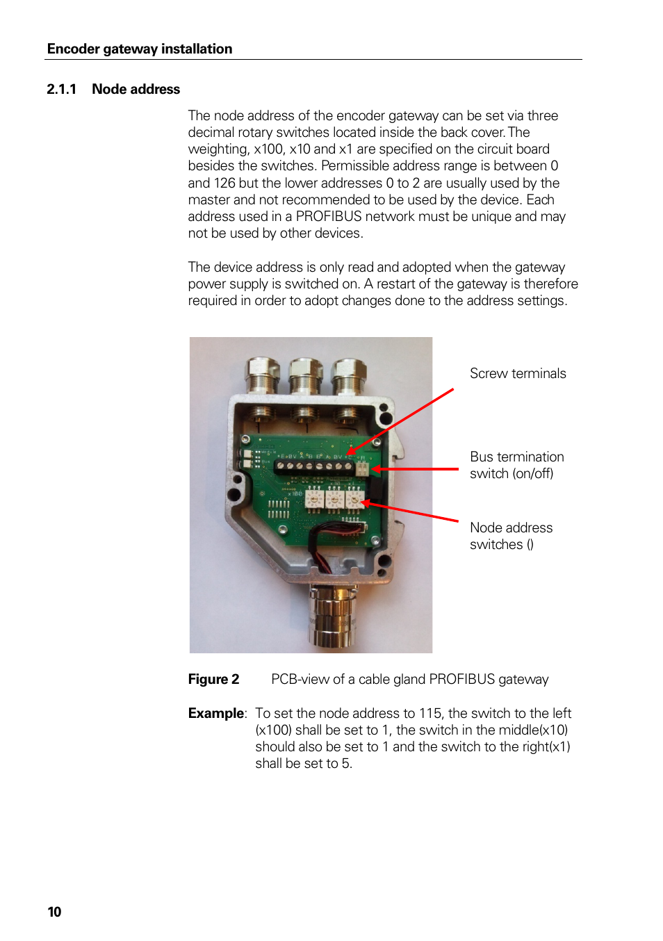 Node address, Figure 2, Pcb-view of a cable gland profibus gateway | HEIDENHAIN PROFIBUS-DP (DPV0) User Manual | Page 10 / 62