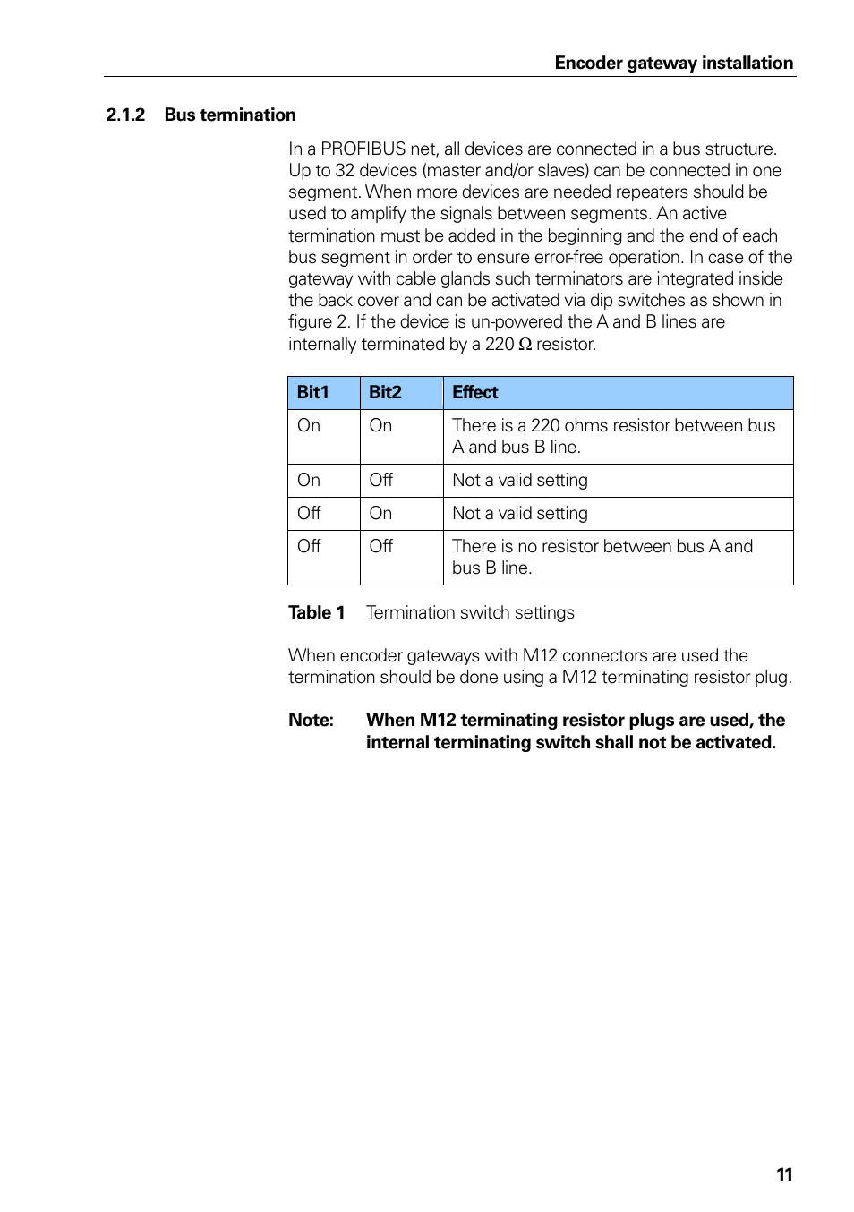 Bus termination, Table 1, Termination switch settings | HEIDENHAIN PROFIBUS-DP (DPV0) User Manual | Page 11 / 62