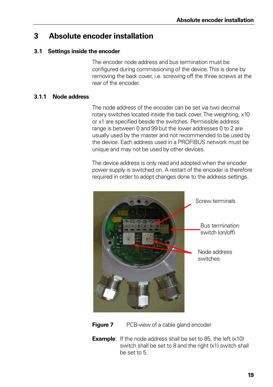 Absolute encoder installation, Settings inside the encoder, Node address | Figure 7, Pcb-view of a cable gland encoder, 3absolute encoder installation | HEIDENHAIN PROFIBUS-DP (DPV0) User Manual | Page 19 / 62