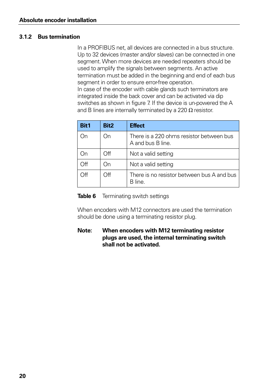 Bus termination, Table 6, Terminating switch settings | HEIDENHAIN PROFIBUS-DP (DPV0) User Manual | Page 20 / 62
