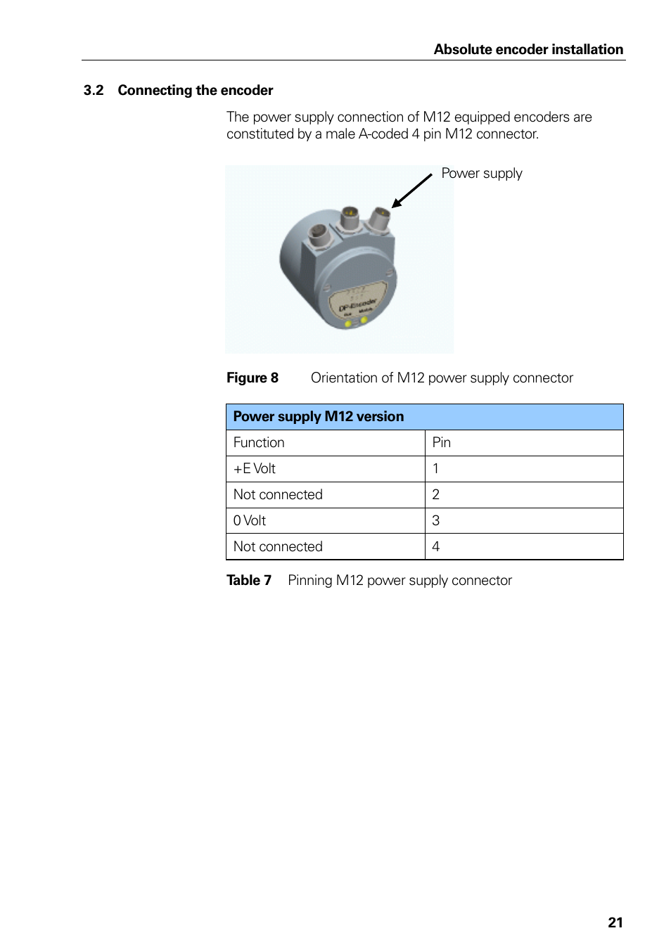 Connecting the encoder, Table 7, Pinning m12 power supply connector | Figure 8, Orientation of m12 power supply connector | HEIDENHAIN PROFIBUS-DP (DPV0) User Manual | Page 21 / 62
