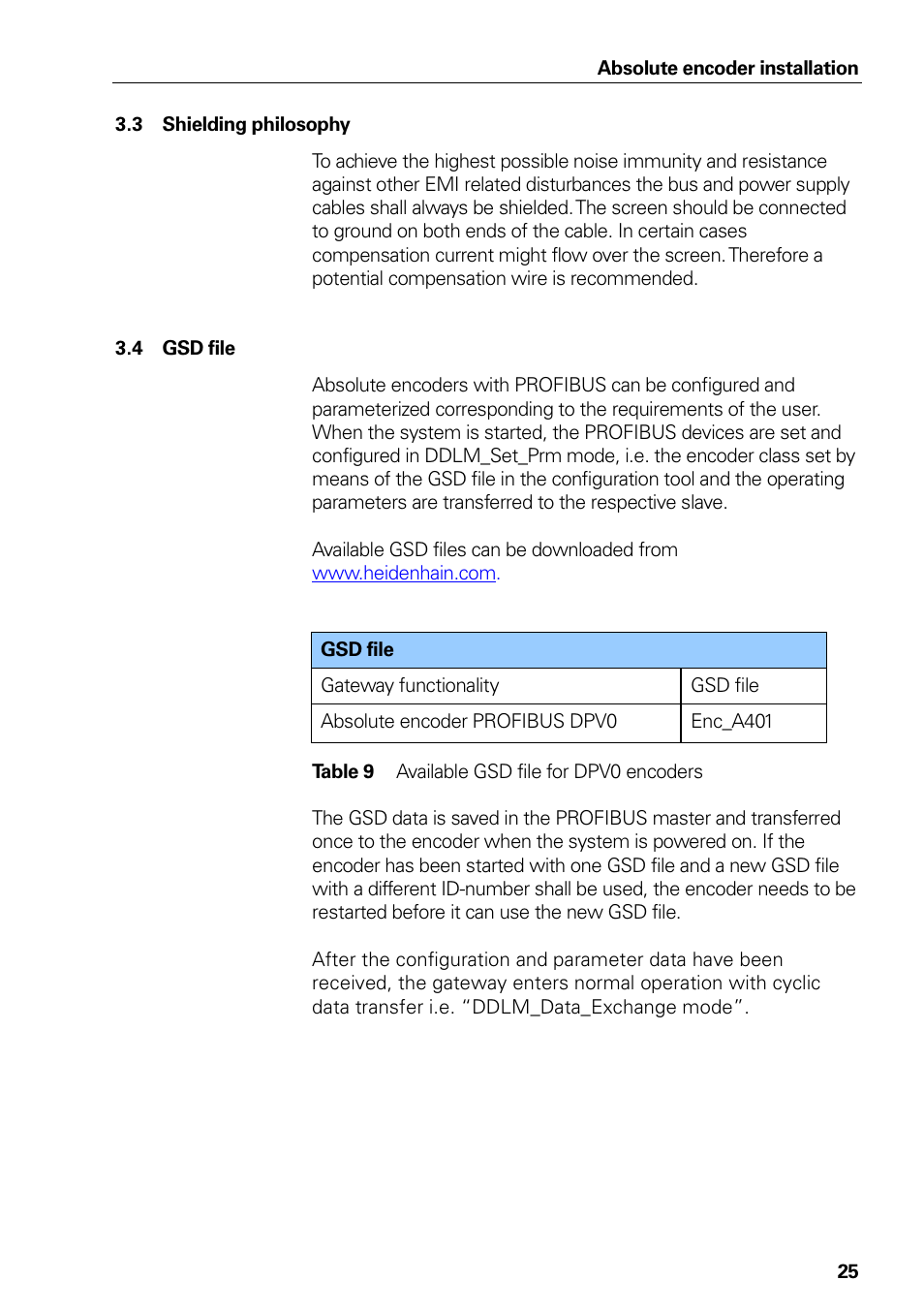 Shielding philosophy, Gsd file, Table 9 | Available gsd file for dpv0 encoders | HEIDENHAIN PROFIBUS-DP (DPV0) User Manual | Page 25 / 62