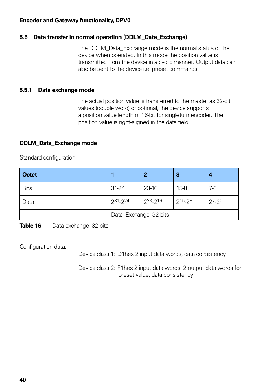 Data exchange mode, Table 16, Data exchange 32-bits | HEIDENHAIN PROFIBUS-DP (DPV0) User Manual | Page 40 / 62