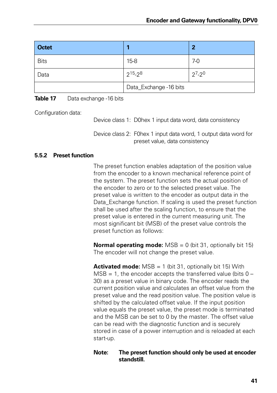 Preset function, Table 17, Data exchange -16 bits | HEIDENHAIN PROFIBUS-DP (DPV0) User Manual | Page 41 / 62