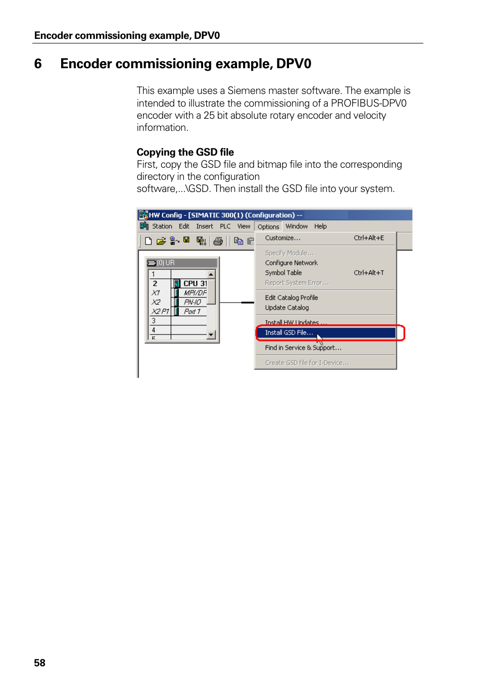 Encoder commissioning example, dpv0, 6encoder commissioning example, dpv0 | HEIDENHAIN PROFIBUS-DP (DPV0) User Manual | Page 58 / 62