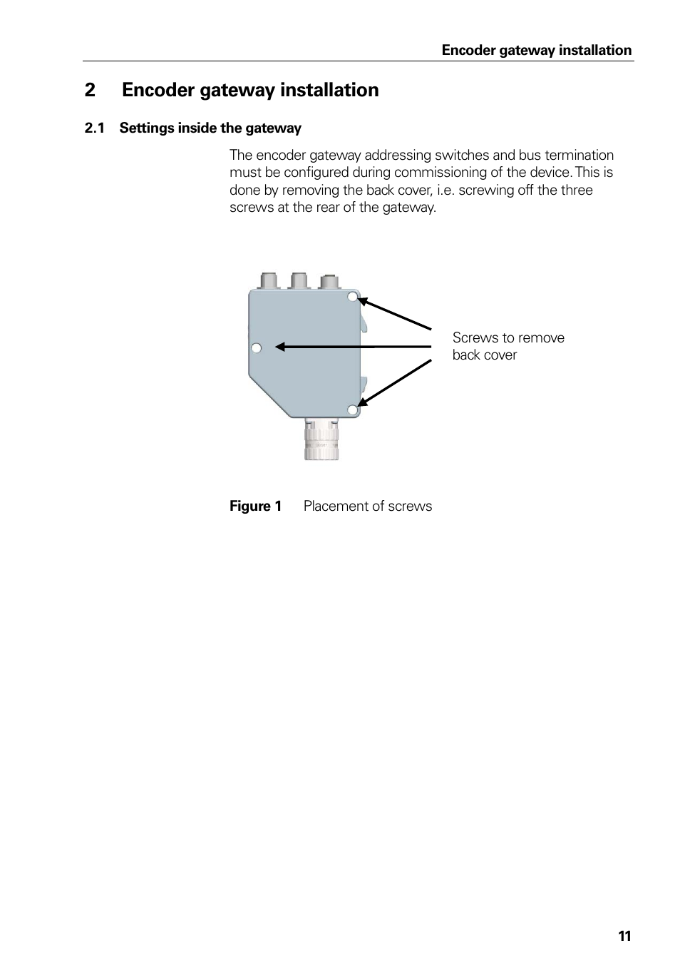 2 encoder gateway installation, 1 settings inside the gateway, Figure 1 placement of screws | Encoder gateway installation, Settings inside the gateway, Figure 1, Placement of screws | HEIDENHAIN PROFIBUS-DP (DPV2) User Manual | Page 11 / 93