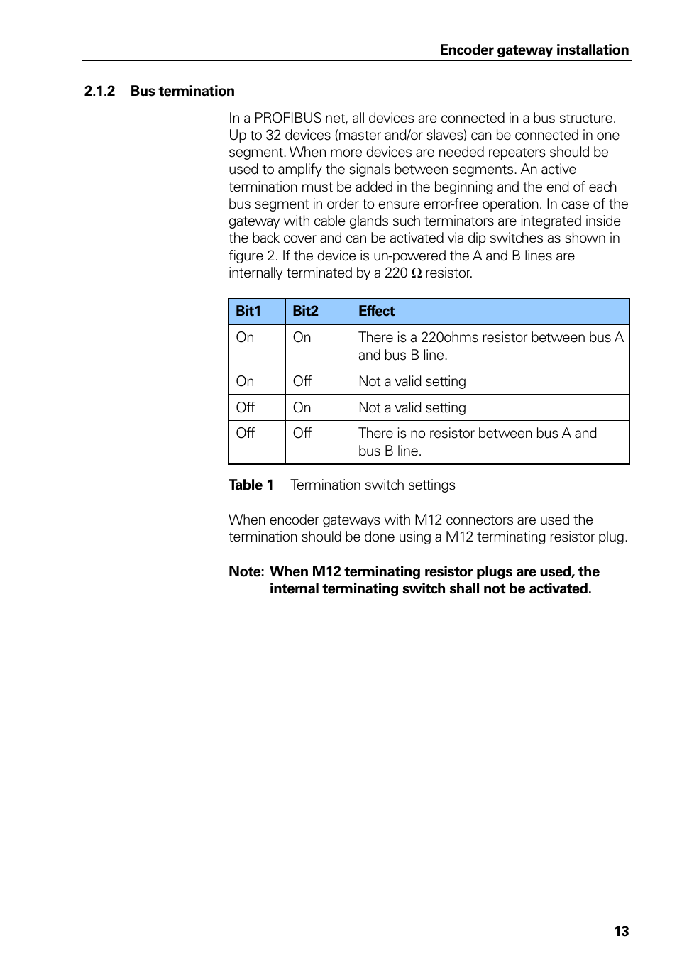 2 bus termination, Bus termination, Table 1 | Termination switch settings | HEIDENHAIN PROFIBUS-DP (DPV2) User Manual | Page 13 / 93