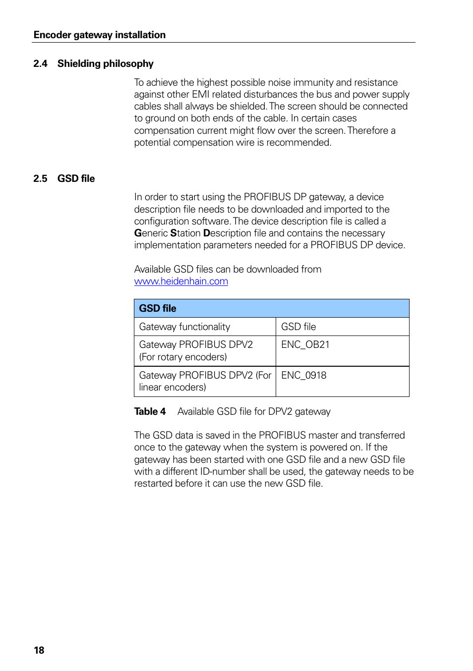 4 shielding philosophy, 5 gsd file, Shielding philosophy | Gsd file, Table 4, Available gsd file for dpv2 gateway | HEIDENHAIN PROFIBUS-DP (DPV2) User Manual | Page 18 / 93