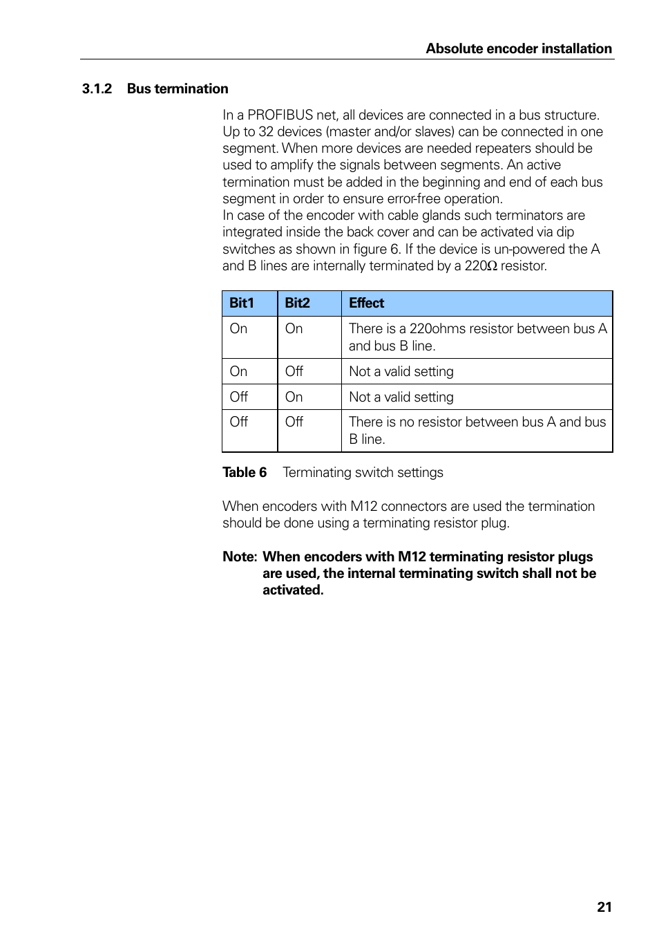 2 bus termination, Bus termination, Table 6 | Terminating switch settings | HEIDENHAIN PROFIBUS-DP (DPV2) User Manual | Page 21 / 93