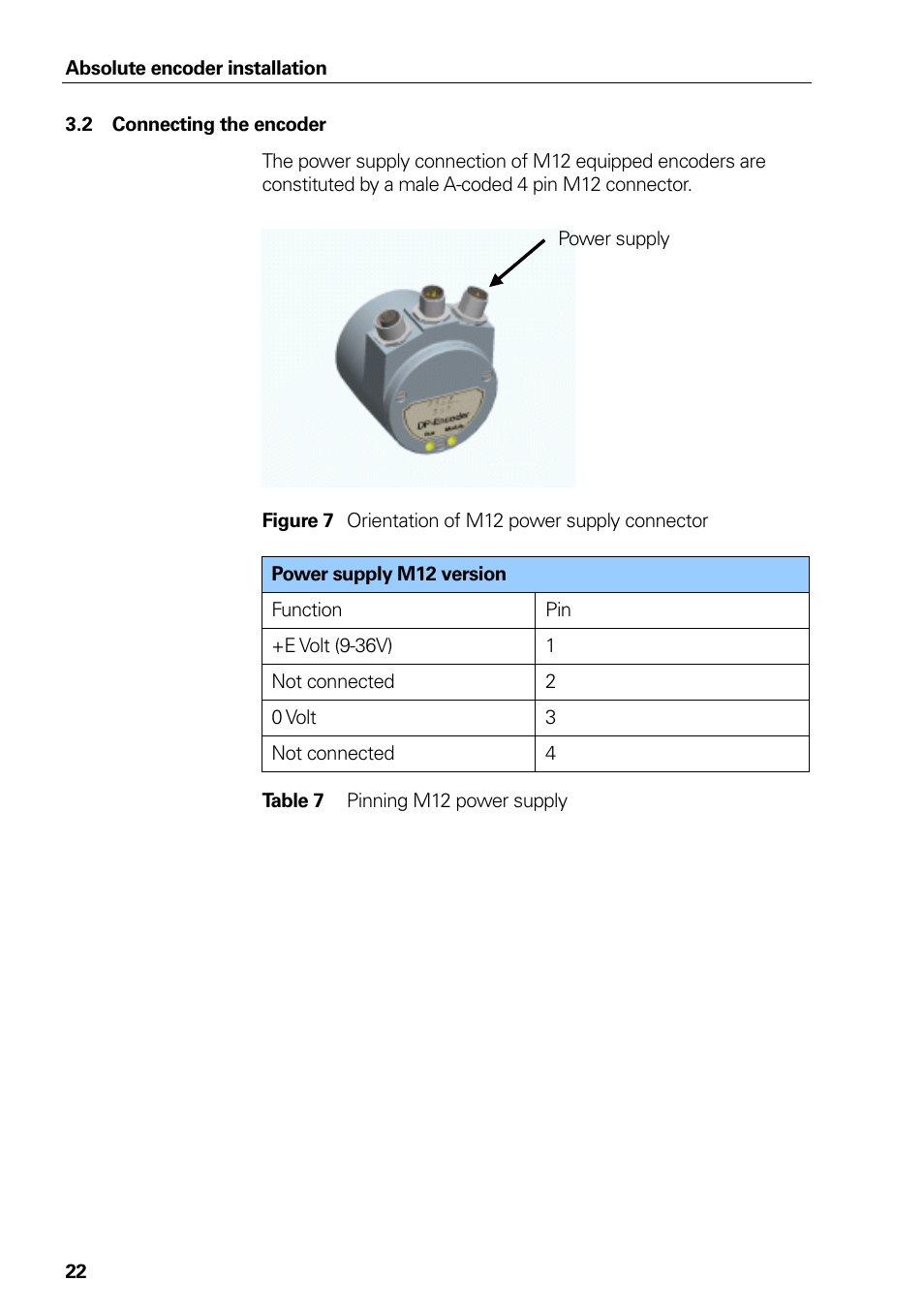 2 connecting the encoder, Figure 7 orientation of m12 power supply connector, Connecting the encoder | Table 7, Pinning m12 power supply, Figure 7, Orientation of m12 power supply connector | HEIDENHAIN PROFIBUS-DP (DPV2) User Manual | Page 22 / 93