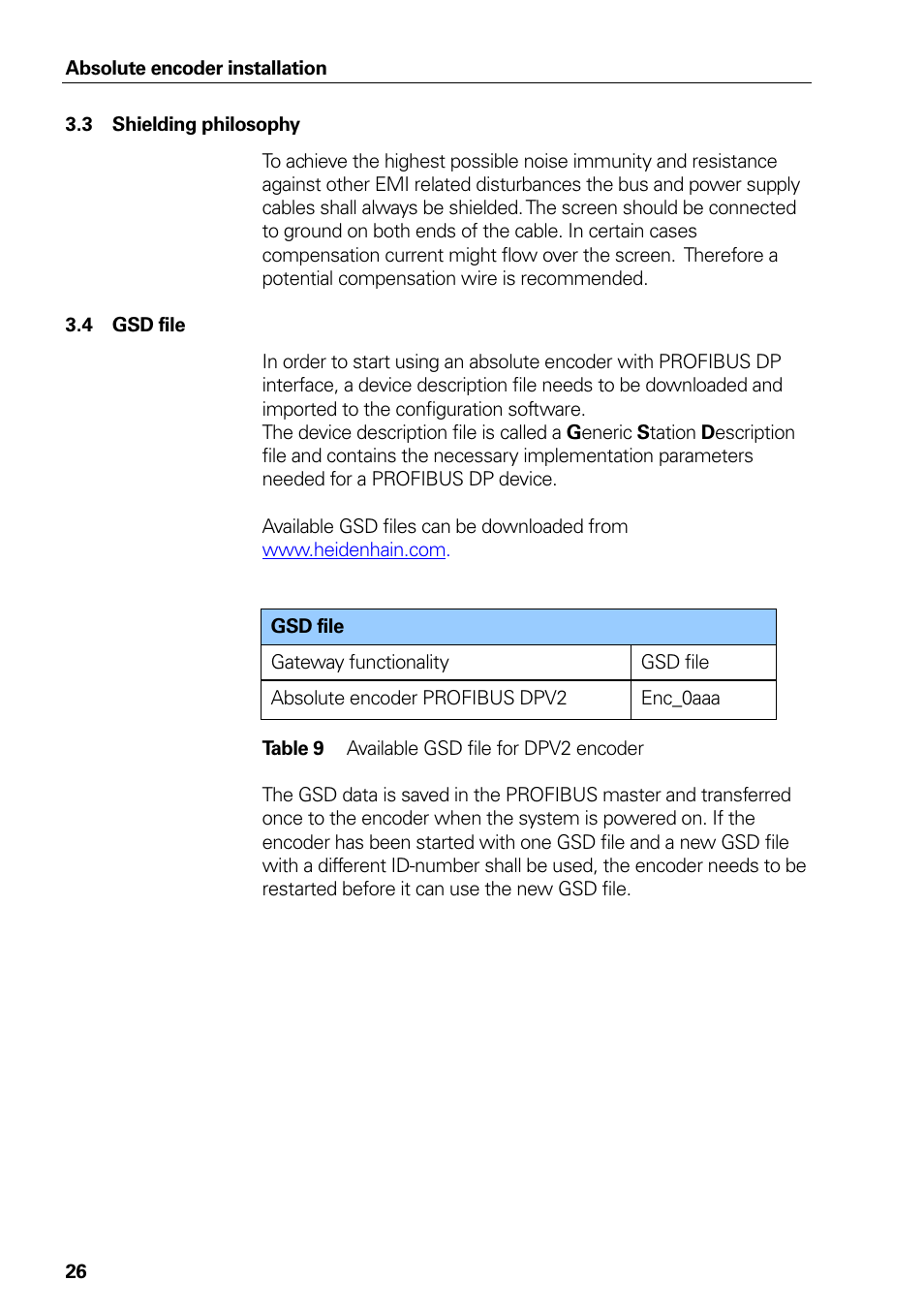 3 shielding philosophy, 4 gsd file, Shielding philosophy | Gsd file, Table 9, Available gsd file for dpv2 encoder | HEIDENHAIN PROFIBUS-DP (DPV2) User Manual | Page 26 / 93