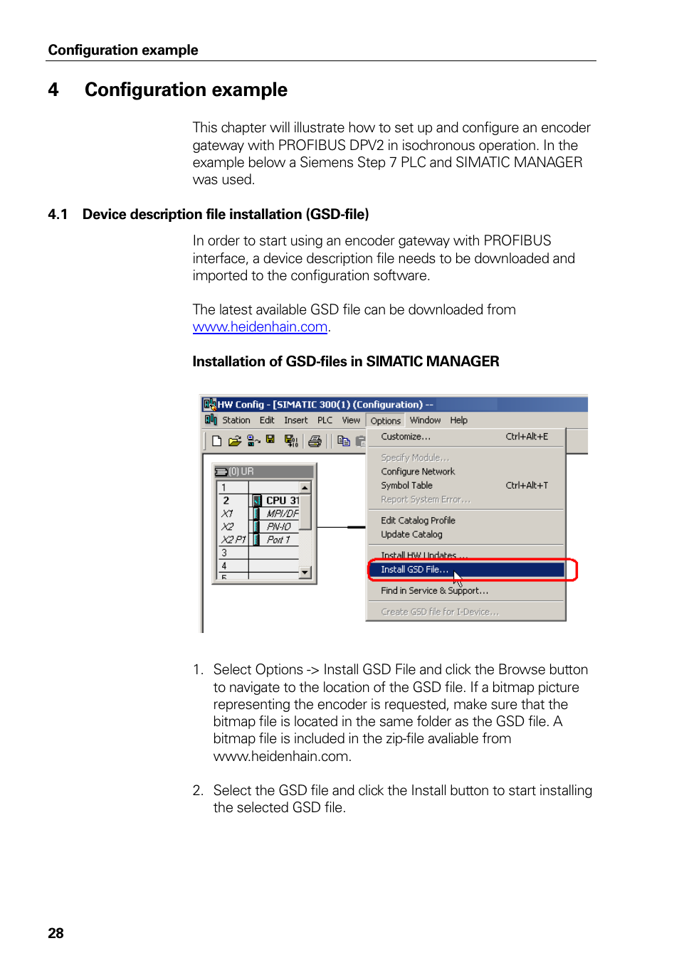 4 configuration example, 1 device description file installation (gsd-file), Configuration example | Device description file installation (gsd-file) | HEIDENHAIN PROFIBUS-DP (DPV2) User Manual | Page 28 / 93