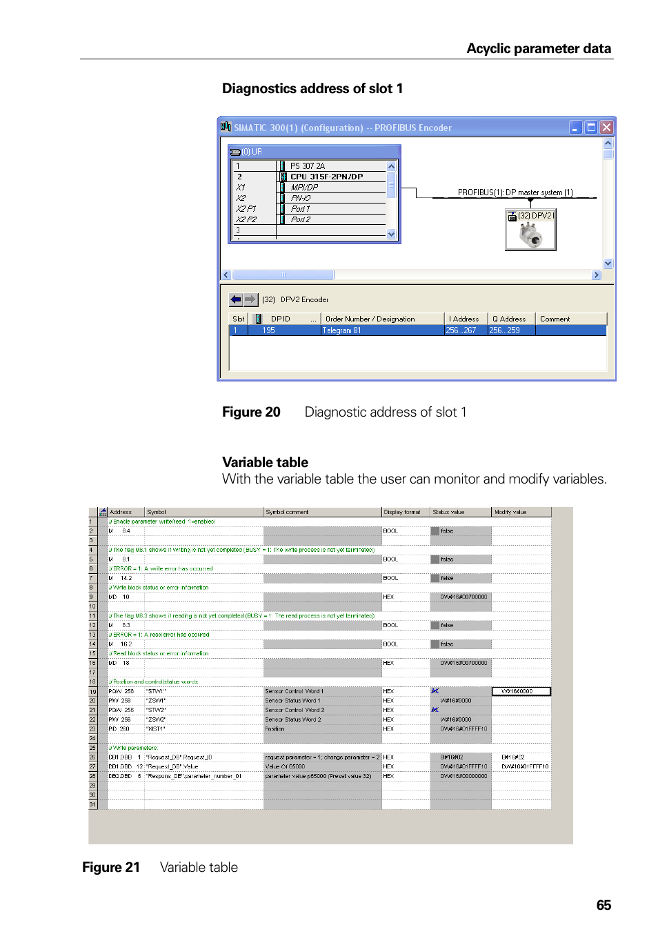 Figure 20 diagnostic address of slot 1, Figure 21 variable table, Figure 20 | Diagnostic address of slot 1, Figure 21, Variable table | HEIDENHAIN PROFIBUS-DP (DPV2) User Manual | Page 65 / 93