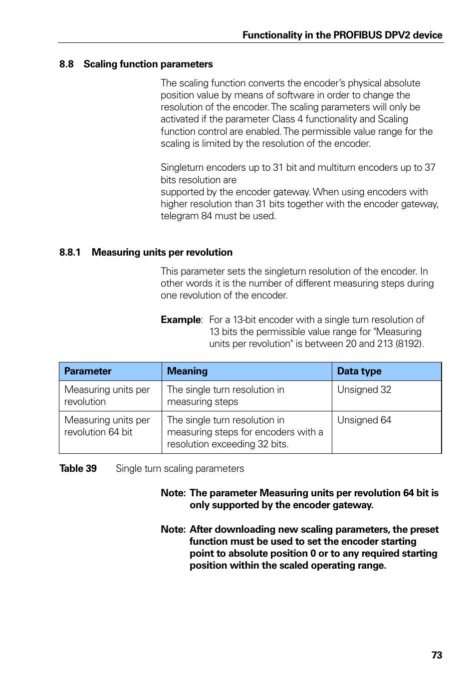 8 scaling function parameters, 1 measuring units per revolution, Scaling function parameters | Measuring units per revolution, Table 39, Single turn scaling parameters | HEIDENHAIN PROFIBUS-DP (DPV2) User Manual | Page 73 / 93