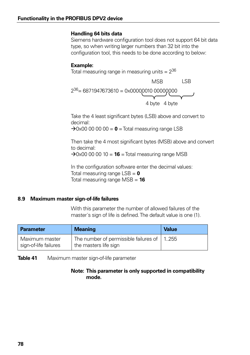 9 maximum master sign-of-life failures, Maximum master sign-of-life failures, Table 41 | Maximum master sign-of-life parameter | HEIDENHAIN PROFIBUS-DP (DPV2) User Manual | Page 78 / 93