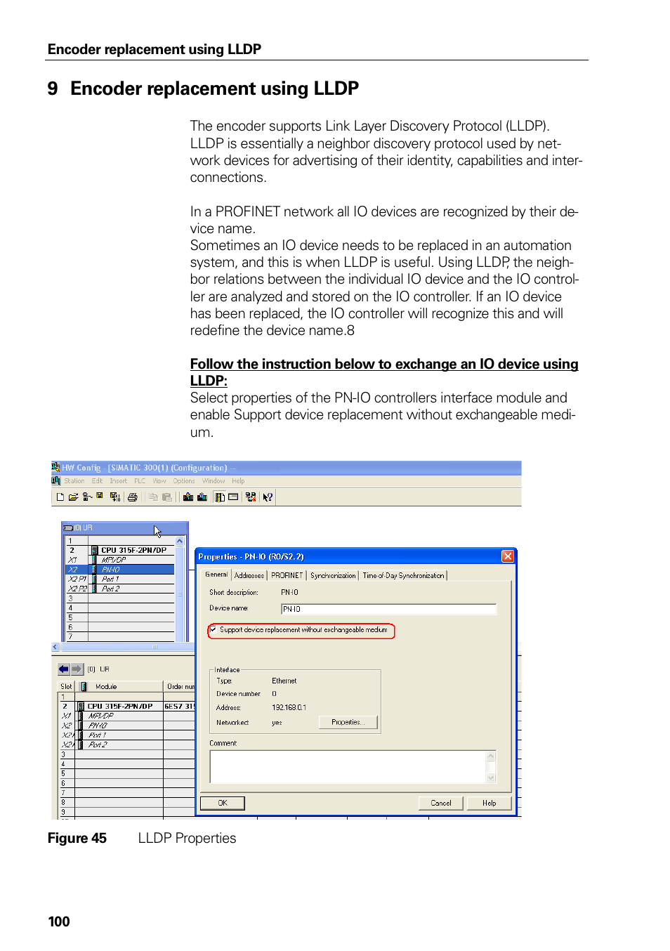 Replacement using lldp, 45 lldp properties, Or errors 0x00,0x00,0x00,0x64 preset value | Encoder replacement using lldp, Figure 45, Lldp properties, Or errors, 0x00,0x00,0x00,0x64, Preset value 100, Abled | HEIDENHAIN PROFINET User Manual | Page 100 / 110