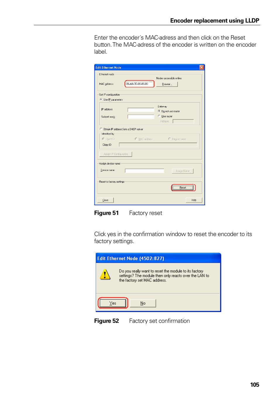 51 factory reset, 52 factory set confirmation, Figure 51 | Factory reset, Figure 52, Factory set confirmation | HEIDENHAIN PROFINET User Manual | Page 105 / 110