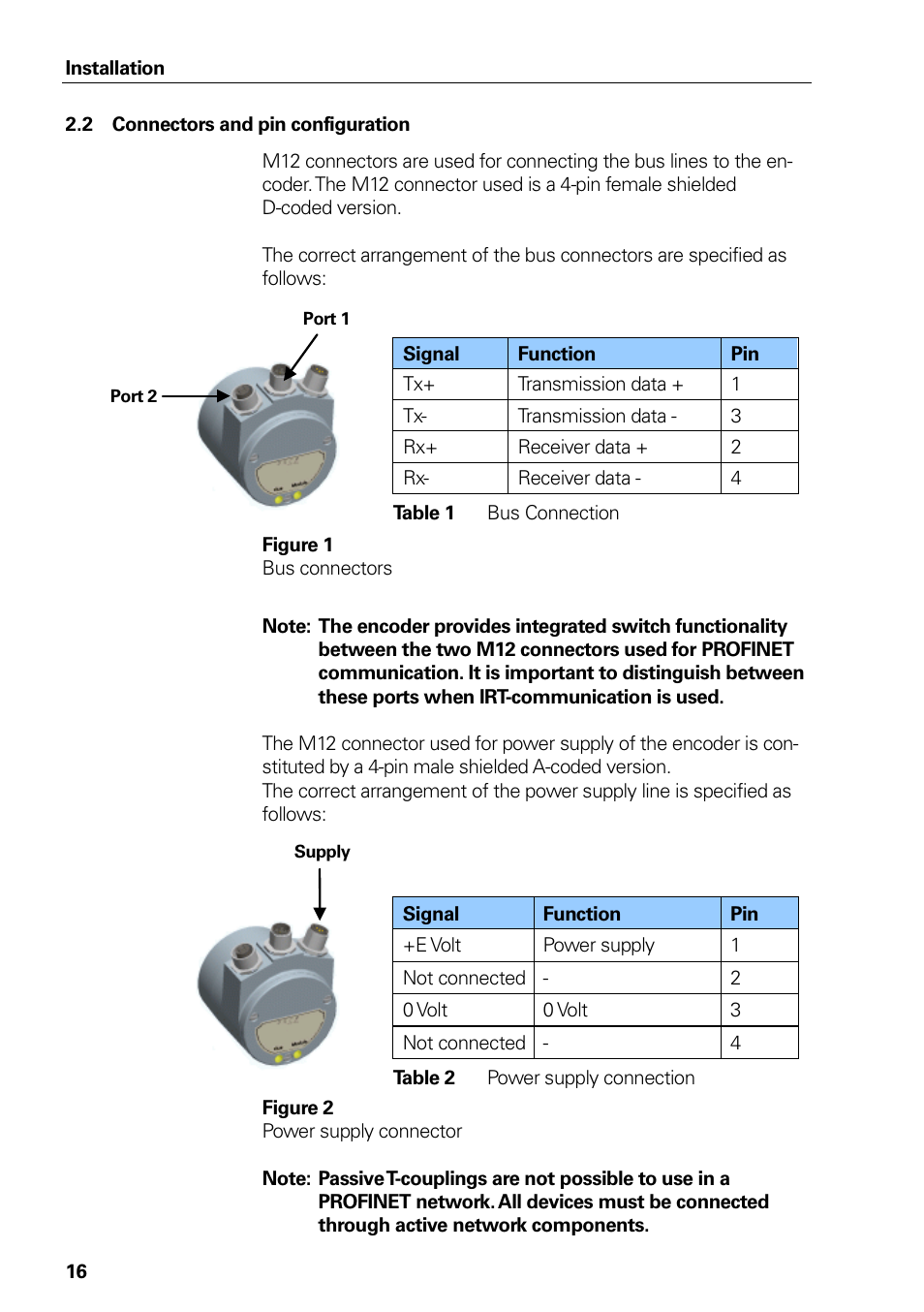 2 connectors and pin configuration, Table 1 bus connection, Table 2 power supply connection | Figure 1 bus connectors, Figure 2 power supply connector, Total measuring range msb, Connectors and pin configuration, Table 1, Bus connection, Table 2 | HEIDENHAIN PROFINET User Manual | Page 16 / 110