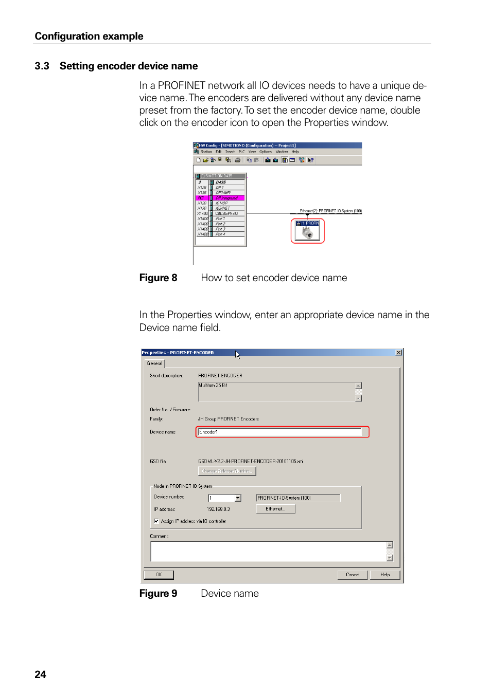 Figure 6 telegram selection, Figure 7 selected telegram, 3 setting encoder device name | Figure 8 how to set encoder device name, Figure 9 device name, Setting encoder device name, Figure 8, How to set encoder device name, Figure 9, Device name | HEIDENHAIN PROFINET User Manual | Page 24 / 110