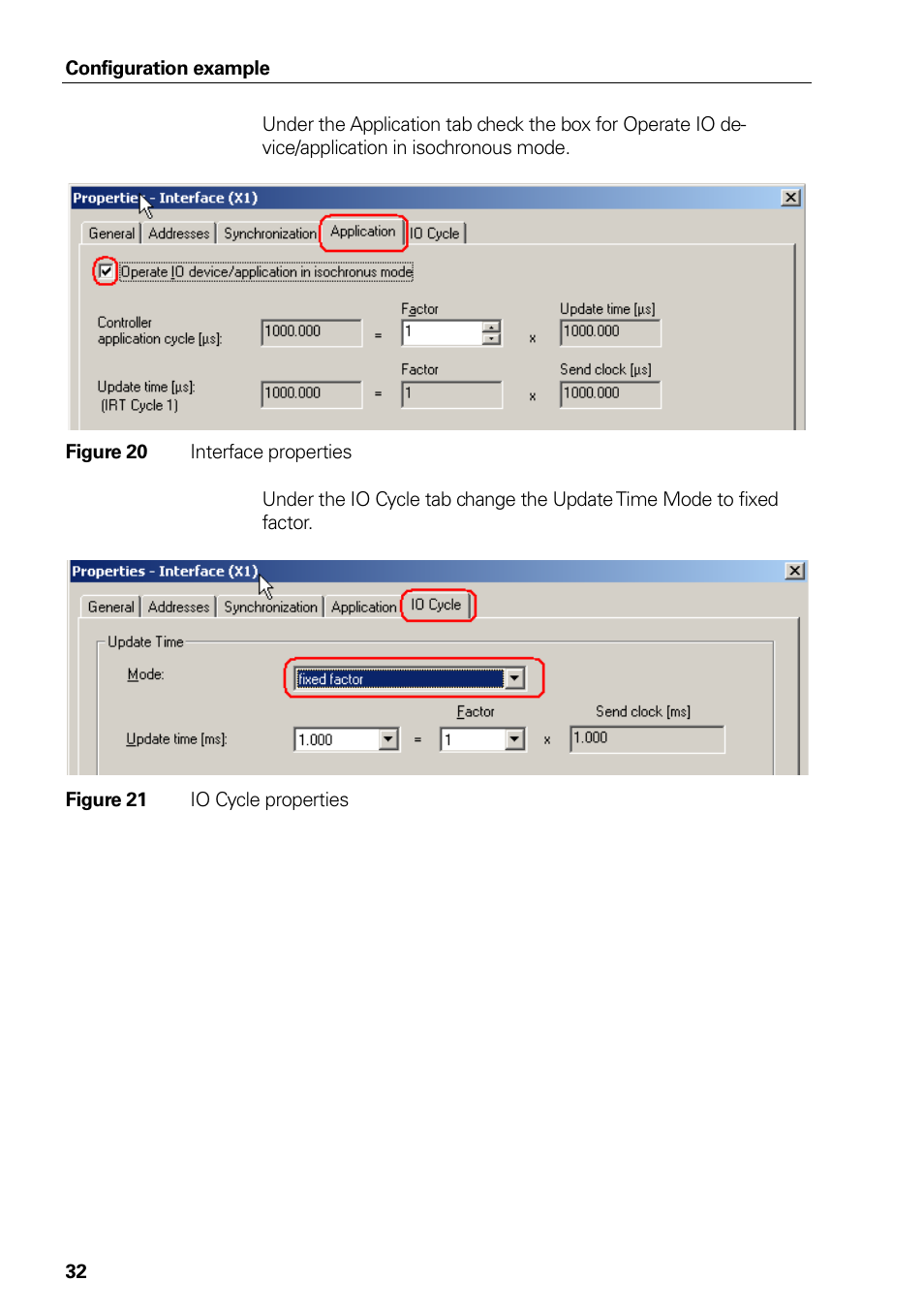 Figure 18 open interface properties, Figure 19 rt class option, Figure 20 interface properties | Figure 21 io cycle properties, 0x04 0x04= data type unsigned, Significance preset value data type integer, Figure 20, Interface properties, Figure 21, Io cycle properties | HEIDENHAIN PROFINET User Manual | Page 32 / 110