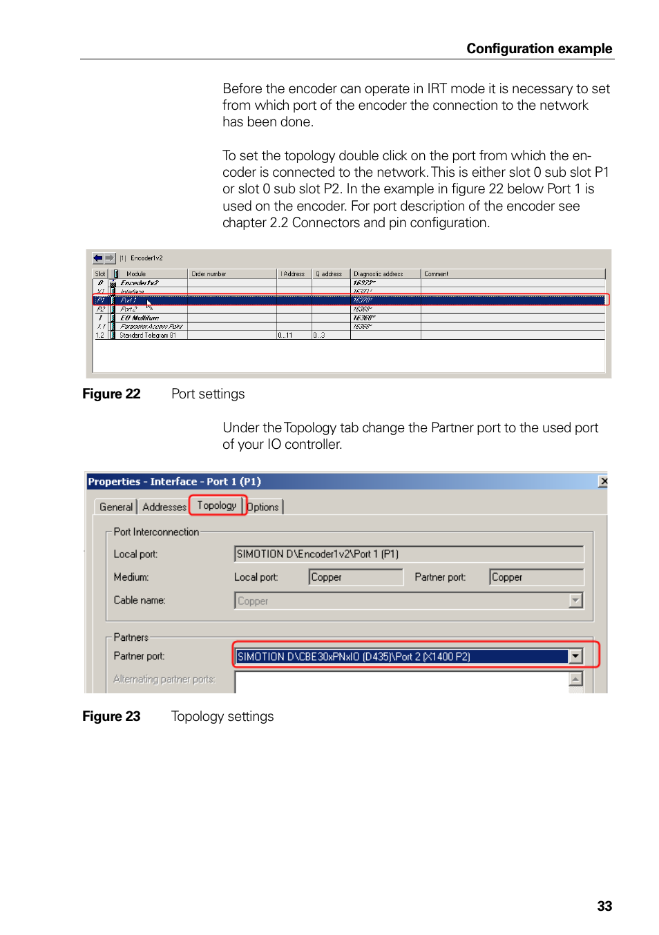 Figure 20 interface properties, Figure 21 io cycle properties, Figure 22 port settings | Figure 23 topology settings, Figure 22, Port settings, Figure 23, Topology settings | HEIDENHAIN PROFINET User Manual | Page 33 / 110