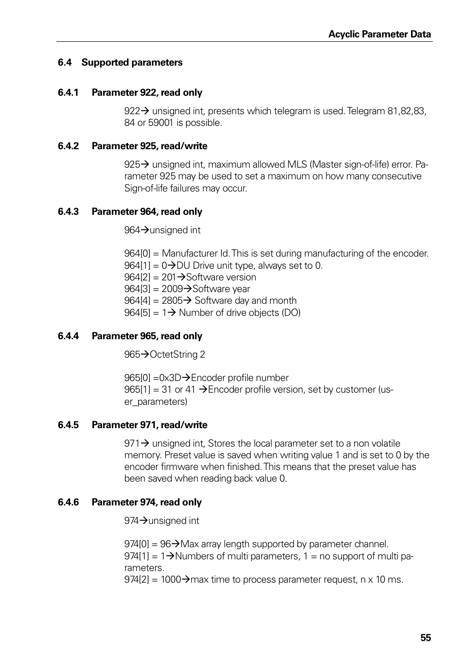 4 supported parameters, 1 parameter 922, read only, 2 parameter 925, read/write | 3 parameter 964, read only, 4 parameter 965, read only, 5 parameter 971, read/write, 6 parameter 974, read only, Supported parameters, Parameter 922, read only, Parameter 925, read/write | HEIDENHAIN PROFINET User Manual | Page 55 / 110