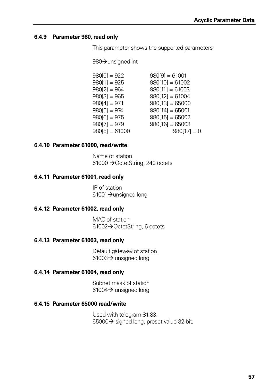 9 parameter 980, read only, 10 parameter 61000, read/write, 11 parameter 61001, read only | 12 parameter 61002, read only, 13 parameter 61003, read only, 14 parameter 61004, read only, 15 parameter 65000 read/write, Parameter 980, read only, Parameter 61000, read/write, Parameter 61001, read only | HEIDENHAIN PROFINET User Manual | Page 57 / 110