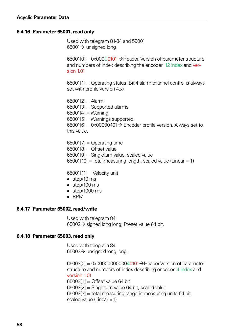 16 parameter 65001, read only, 17 parameter 65002, read/write, 18 parameter 65003, read only | Parameter 65001, read only, Parameter 65002, read/write, Parameter 65003, read only | HEIDENHAIN PROFINET User Manual | Page 58 / 110