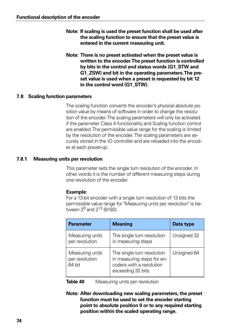 8 scaling function parameters, 1 measuring units per revolution, Table 38 measuring units per revolution | Scaling function parameters, Measuring units per revolution, Table 38 | HEIDENHAIN PROFINET User Manual | Page 74 / 110