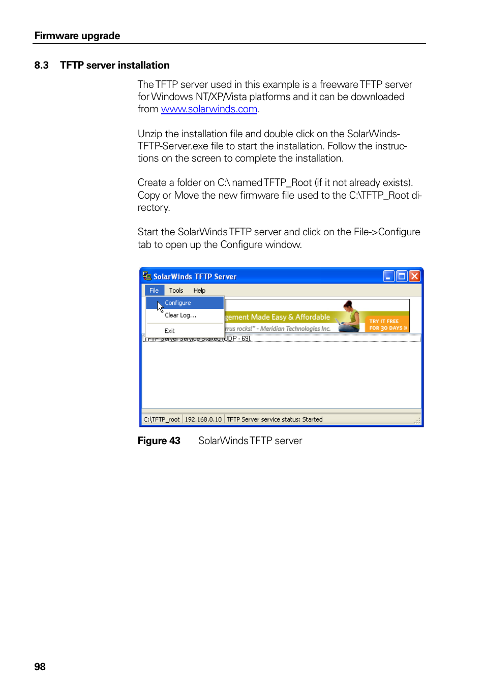 3 tftp server installation, Tftp server installation, Figure 43 | Solarwinds tftp server | HEIDENHAIN PROFINET User Manual | Page 98 / 110