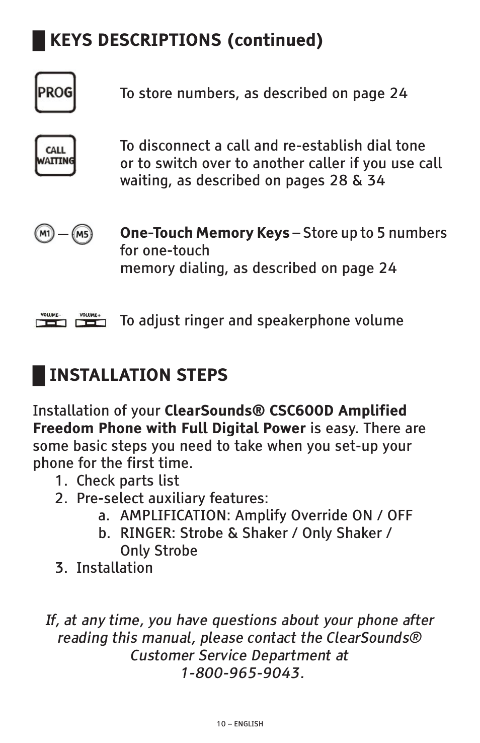 Installation steps, Keys descriptions (continued) | ClearSounds AMPLIFIED FREEDOM PHONE CSC600D User Manual | Page 10 / 138