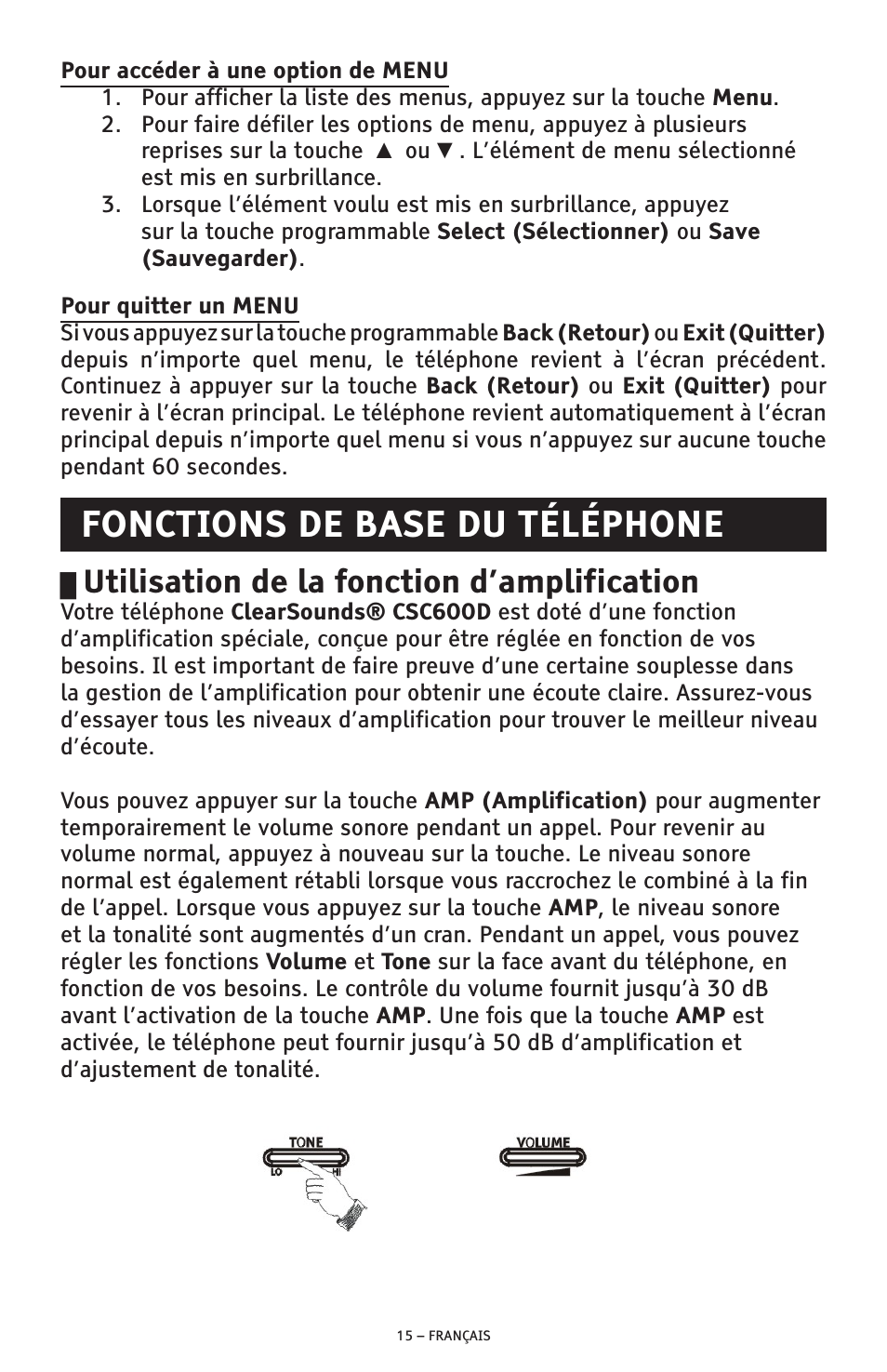 Fonctions de base du téléphone, Utilisation de la fonction d’amplification | ClearSounds AMPLIFIED FREEDOM PHONE CSC600D User Manual | Page 107 / 138