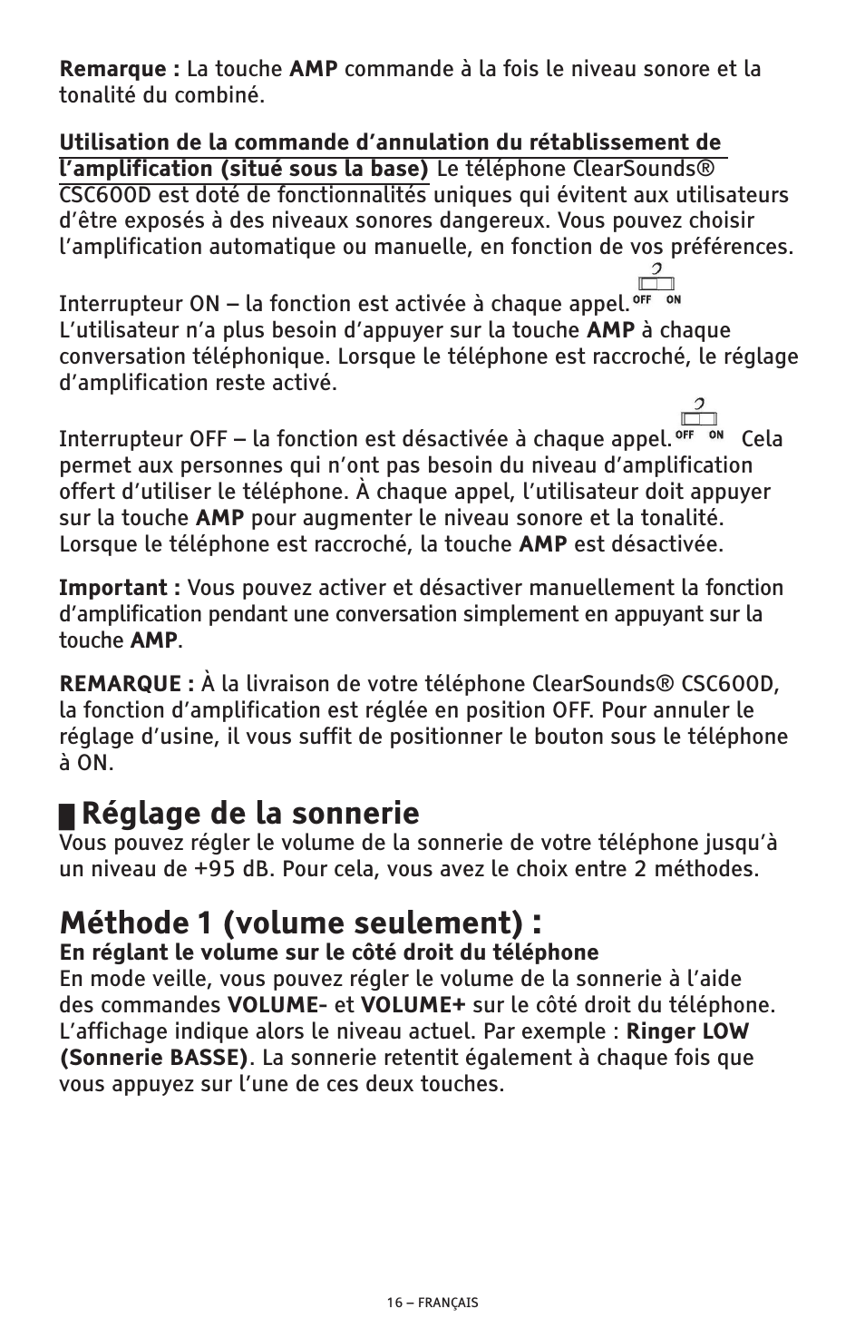 Réglage de la sonnerie, Méthode 1 (volume seulement) | ClearSounds AMPLIFIED FREEDOM PHONE CSC600D User Manual | Page 108 / 138