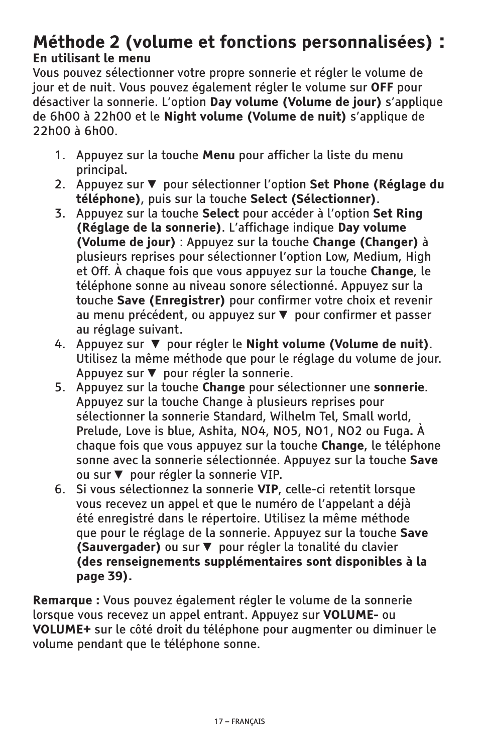 Méthode 2 (volume et fonctions personnalisées) | ClearSounds AMPLIFIED FREEDOM PHONE CSC600D User Manual | Page 109 / 138