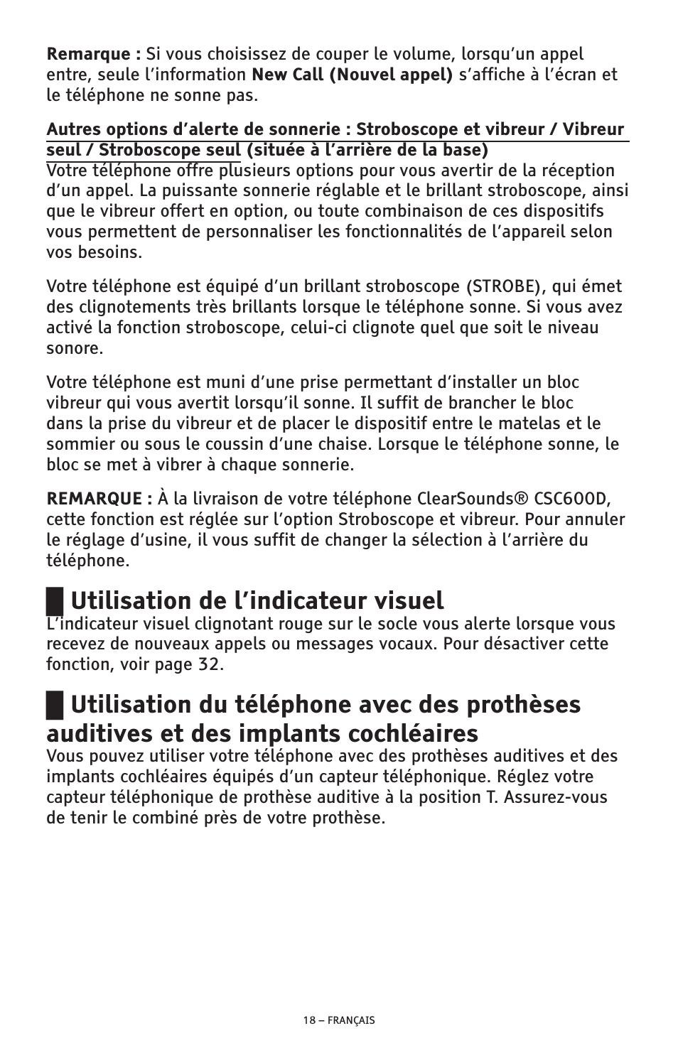 Utilisation de l’indicateur visuel | ClearSounds AMPLIFIED FREEDOM PHONE CSC600D User Manual | Page 110 / 138