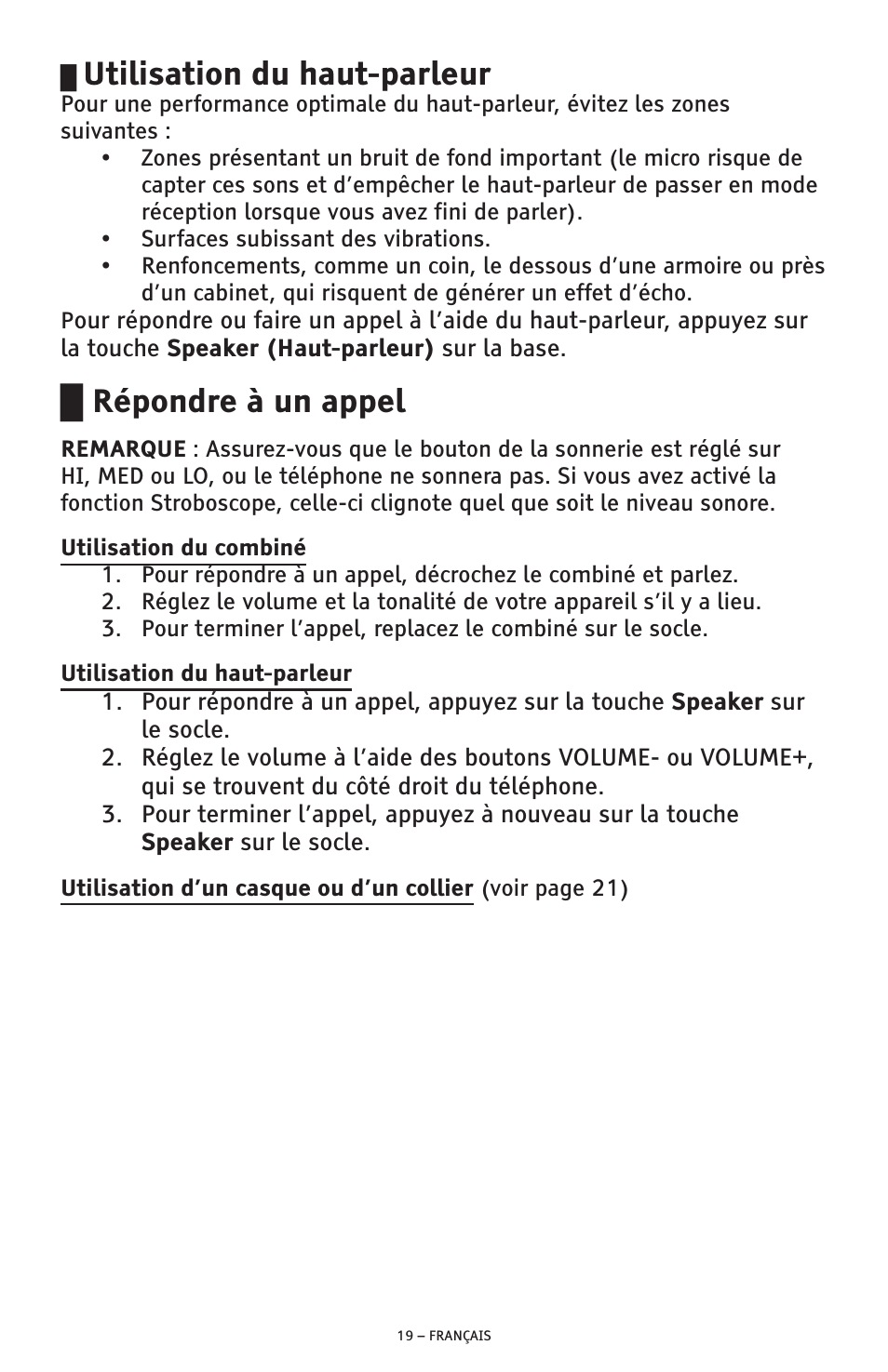Utilisation du haut-parleur, Répondre à un appel | ClearSounds AMPLIFIED FREEDOM PHONE CSC600D User Manual | Page 111 / 138