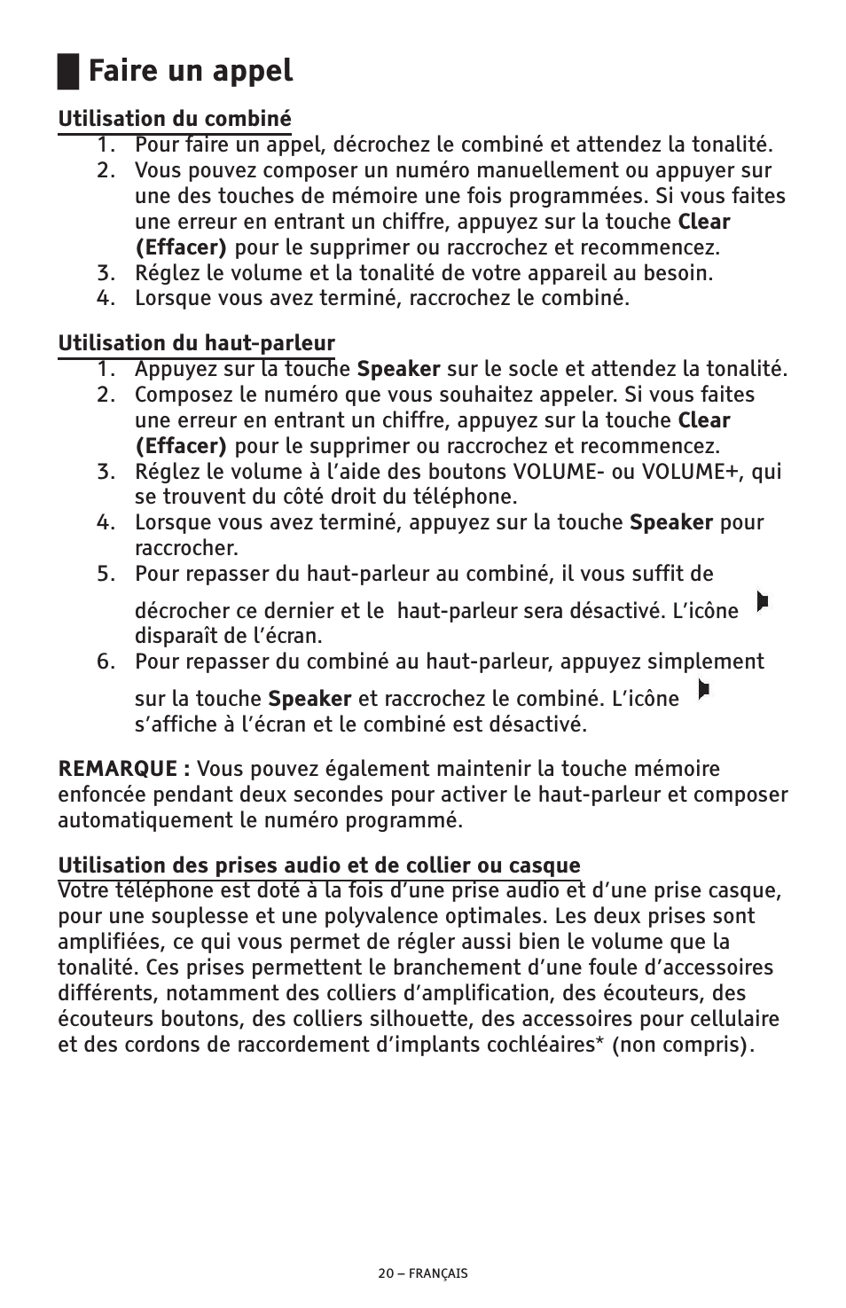 Faire un appel | ClearSounds AMPLIFIED FREEDOM PHONE CSC600D User Manual | Page 112 / 138