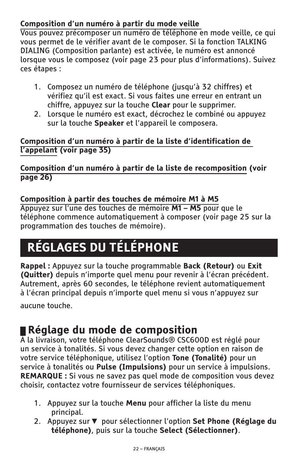 Réglages du téléphone, Réglage du mode de composition | ClearSounds AMPLIFIED FREEDOM PHONE CSC600D User Manual | Page 114 / 138