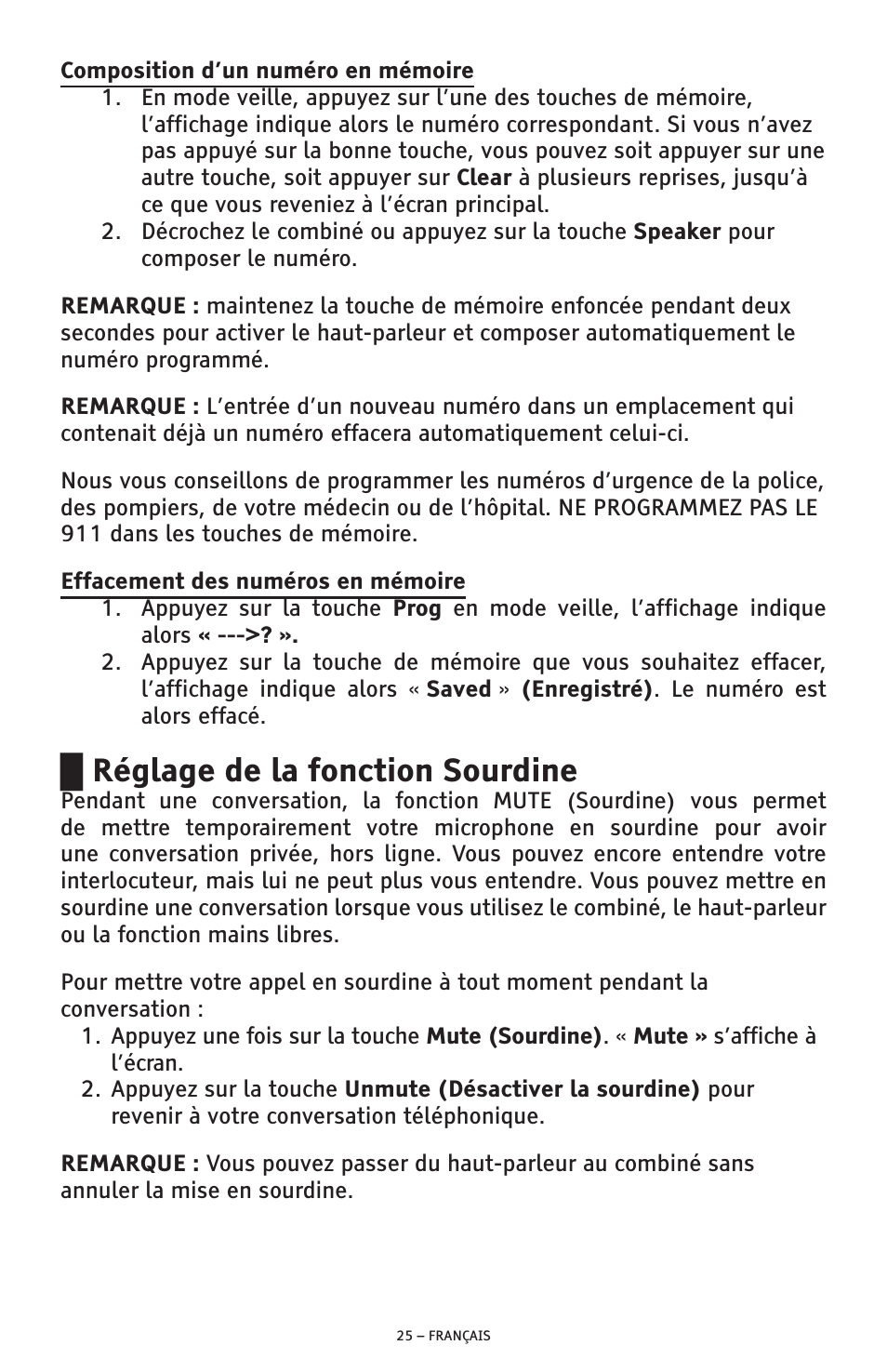 Réglage de la fonction sourdine | ClearSounds AMPLIFIED FREEDOM PHONE CSC600D User Manual | Page 117 / 138