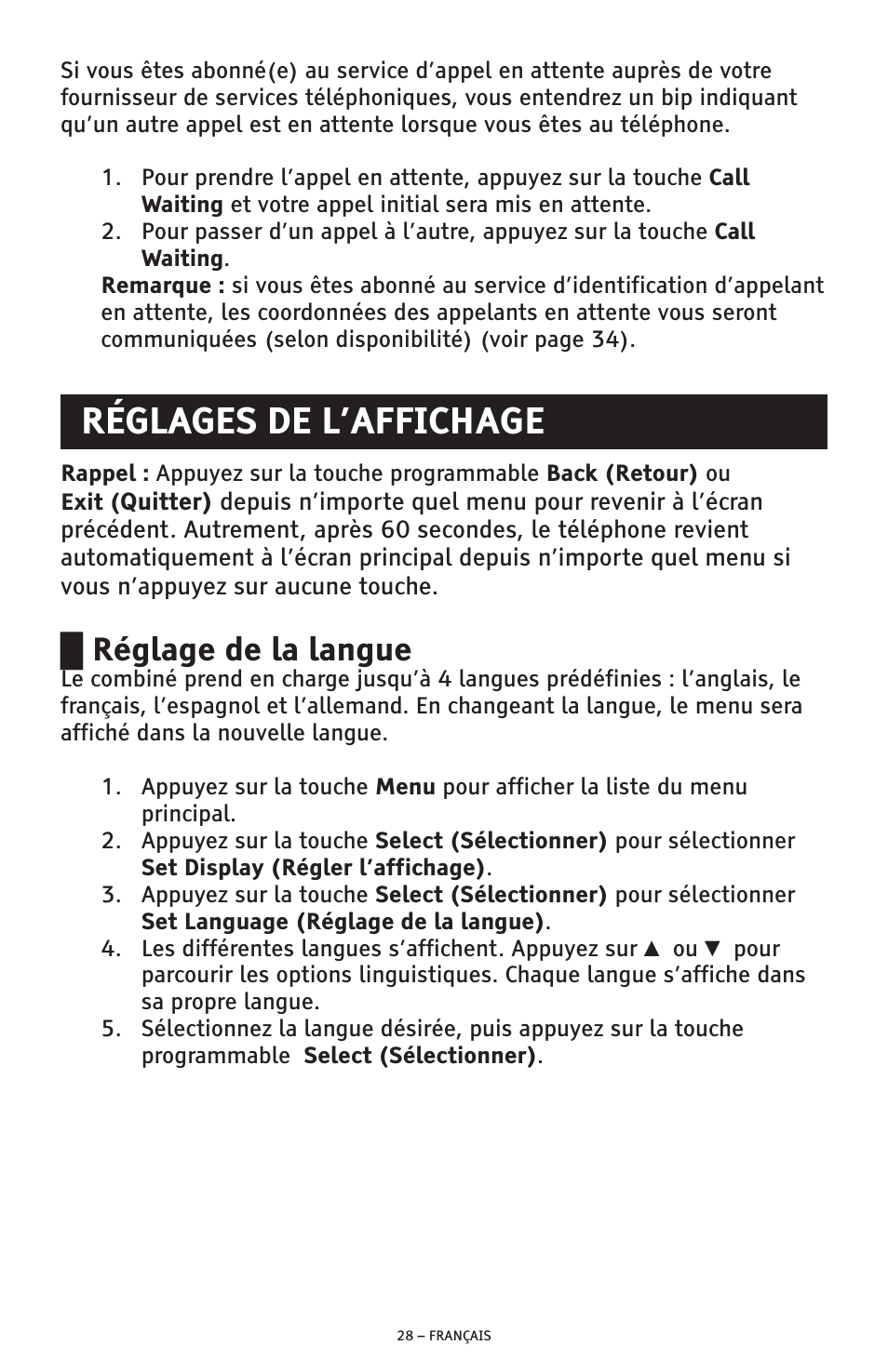 Réglages de l’affichage, Réglage de la langue | ClearSounds AMPLIFIED FREEDOM PHONE CSC600D User Manual | Page 120 / 138